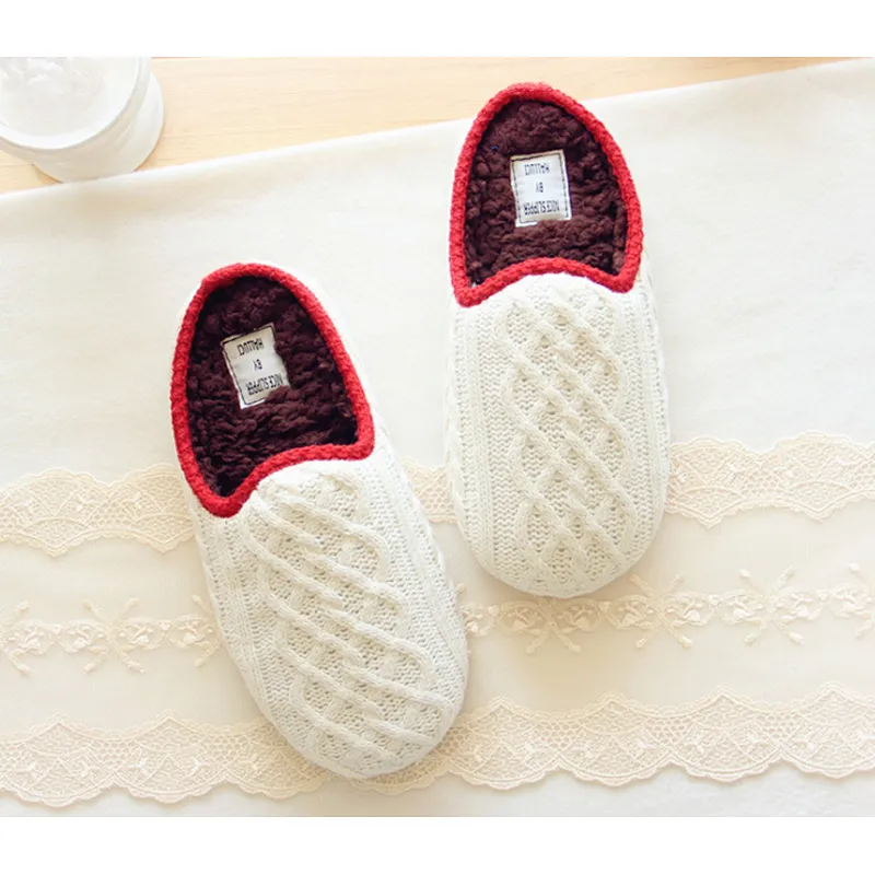 Winter Warm Twist Color Contrast Knitted Couple Home Slippers Knitted Jacquard Indoor Home Slippers