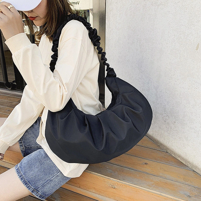 Women Ruffles Strap Shoulder Bag Designer Fashion Frilled Purses Handbags Ruched Large Totes Solid Underarm Bags