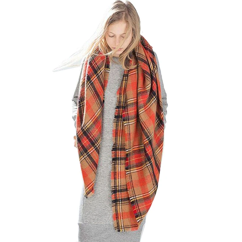 Plaid Scarf Female Tassels Warm Striped Shawl European American Popular Square Scarf