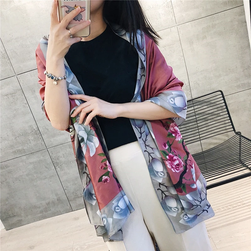 New Spring Summer Beach Scarves Ladies Travel Vacation Sunscreen Silk Scarf Big Flower Printing Long Shawl