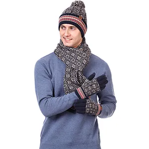 New Winter Knit Hat New Jacquard Print Warm Acrylic Hat Scarf Touch Screen Gloves 3 Pieces Set
