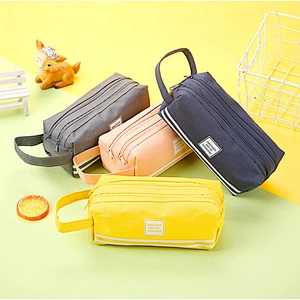 Creative Striped Double Canvas Pencil Case Student Multi-Function Solid Color Storage Stationery Box