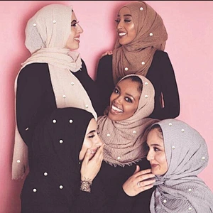 Hot Sale Women's Scarf Solid Color High Quality Fringe Pearl turkish plain crinkle cotton hijab  scarf