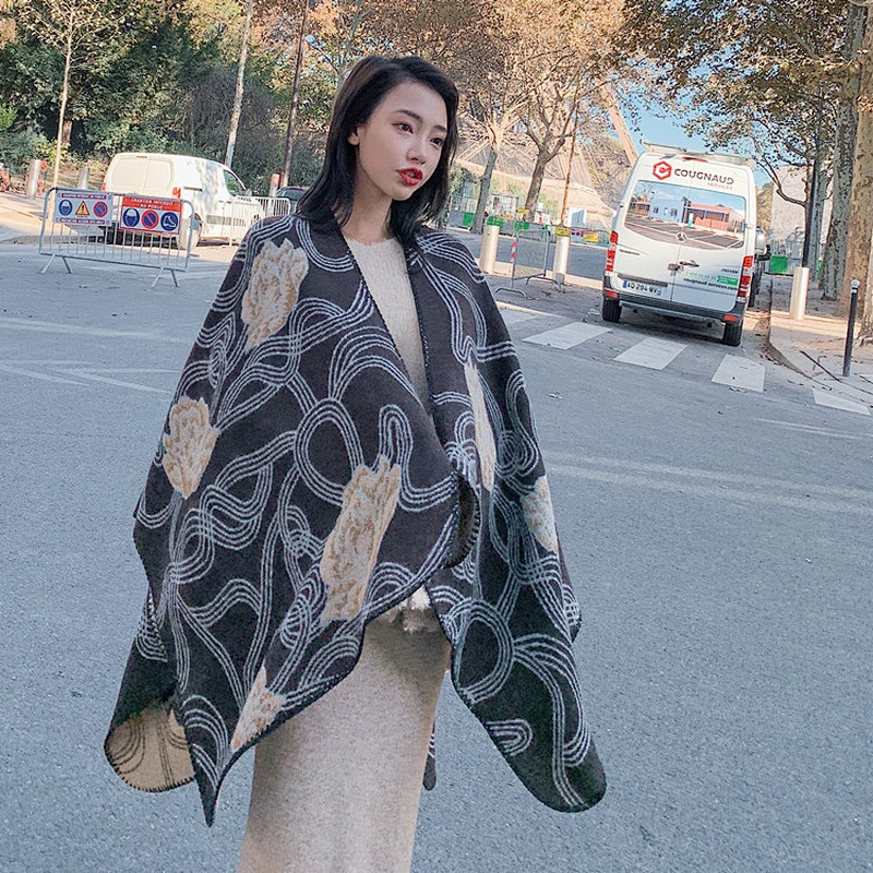 Double-Sided Cloak-Style Korean Version Dual-Use Women's Warmth Thickened National Style Outside Shawl Scarf
