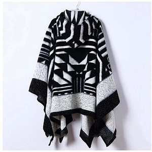 Woven Mohair Female Autumn Winter Thick Geometric Black White Hooded Cloak Shawl