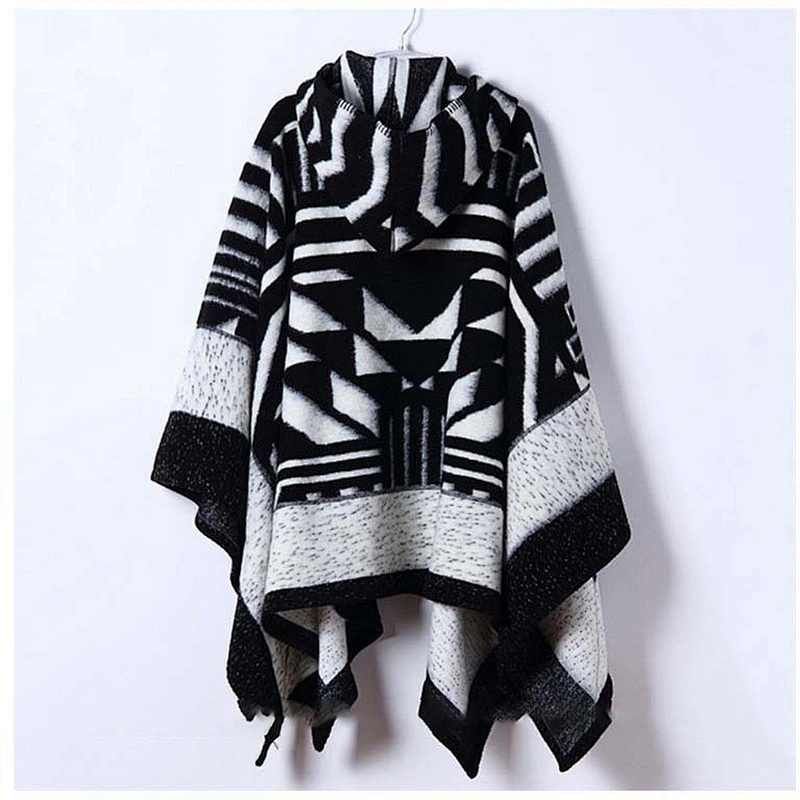 Woven Mohair Female Autumn Winter Thick Geometric Black White Hooded Cloak Shawl