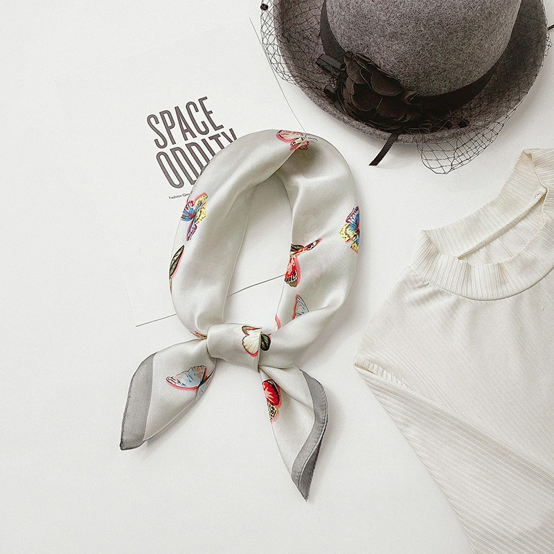 2020 summer new small butterfly printed silk scarf female simulation silk scarf curled small square scarves