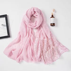 Solid color tie-dyed cotton monochrome women hijab lace rhinestone stitching fashion long scarf
