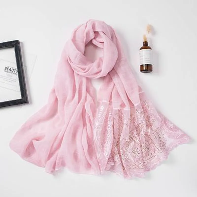 Solid color tie-dyed cotton monochrome women hijab lace rhinestone stitching fashion long scarf