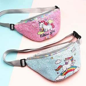 Reversible Flip Unicorn Pattern Design Sequin Belt Bag Unicorn Sequin Kids Waist Bag, Adjustable Waist Pack Bag