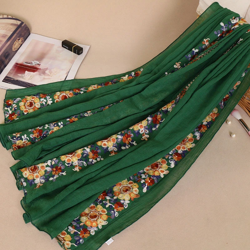 The new dual-use cotton female shawl promotional muslim embroidered flower long scarf