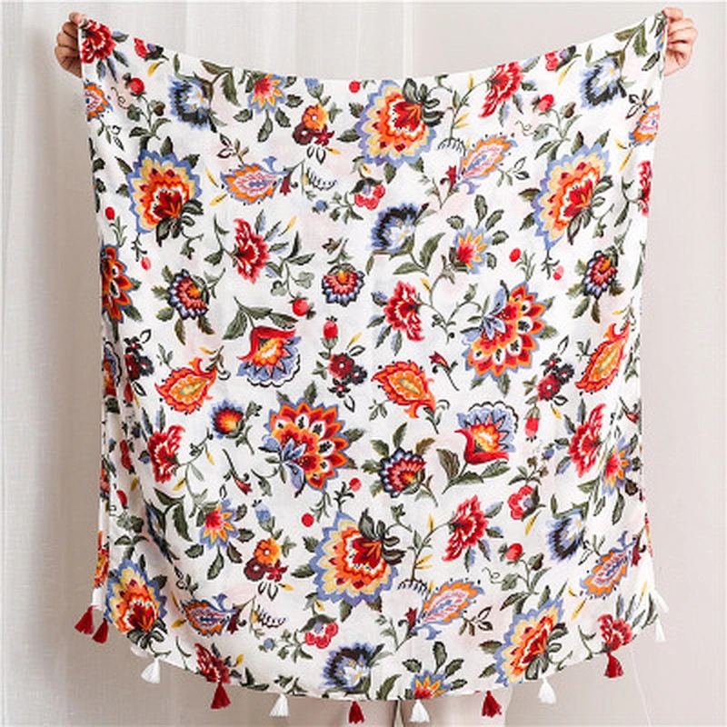 Summer travel sunscreen shawl temperament wild color flowers printed polyester scarf female