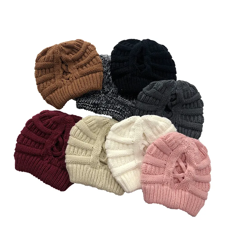 Hot Sale Autumn  Winter Pure Color Wool Hat Low Ponytail Back Hollow Split Knit Hat