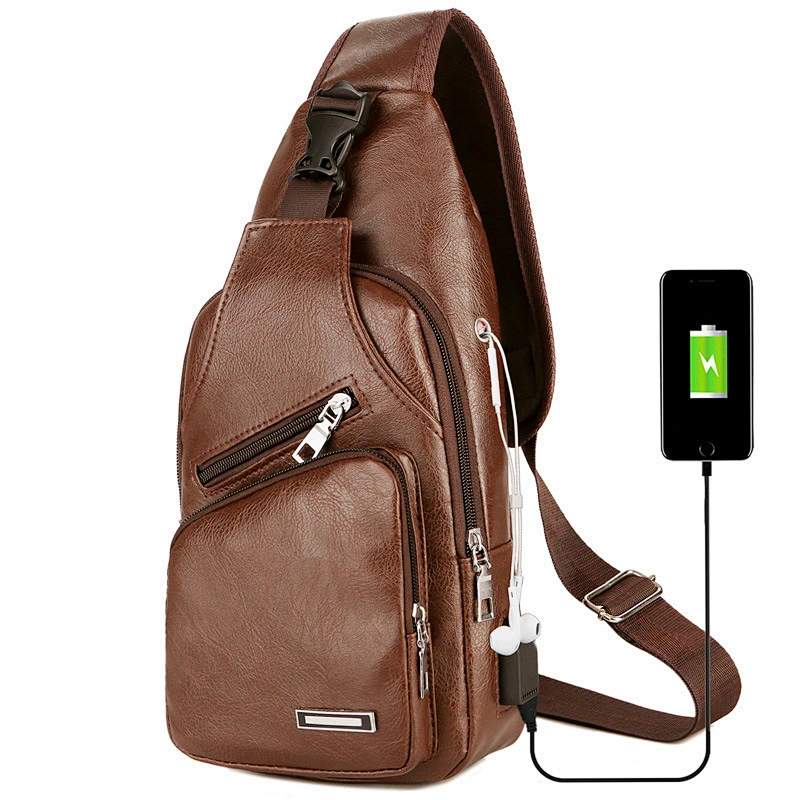 Hot Fashionable Traveling Cell Phone USB Crossbody PU Leather Sling Shoulder Bag Men Crossbody Bag