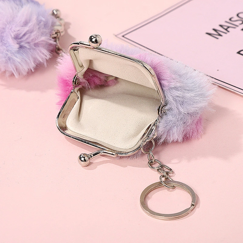 Factory leather wholesale girl pink plush series coin purse mini key pendant hand purse promotion package