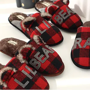 british checkered knitted warm plush cotton slippers men's women's waterproof non-slip mute home shoes