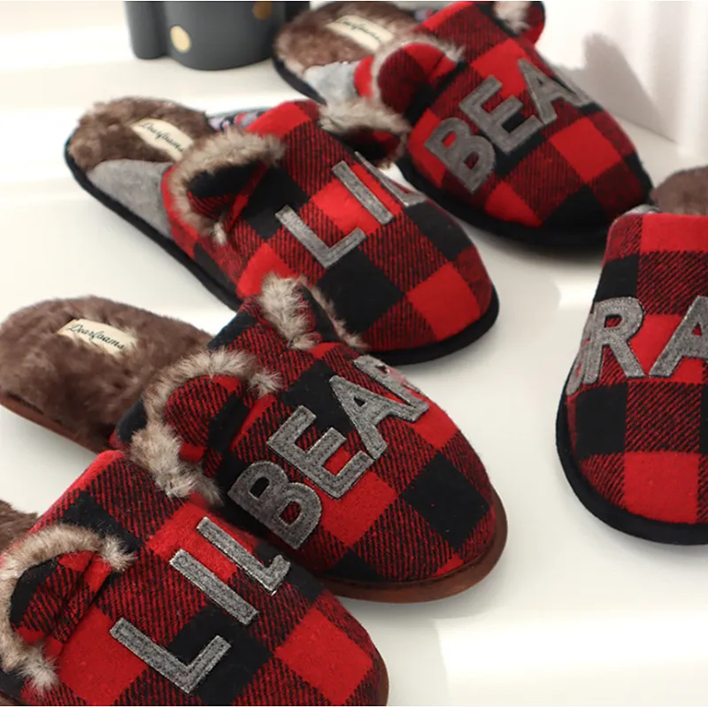 british checkered knitted warm plush cotton slippers men's women's waterproof non-slip mute home shoes
