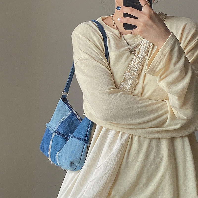 Denim Stitching Casual Underarm Bag Women 2021 New All-Match Color Contrast Concave Shape Portable Shoulder Bag