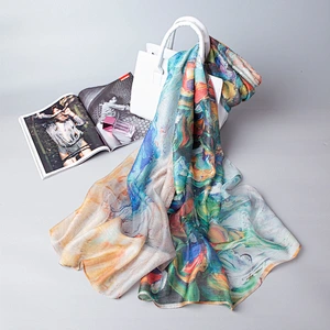 Spring and summer new female simulation silk oil painting printed elegant silk scarf beach towel shawl