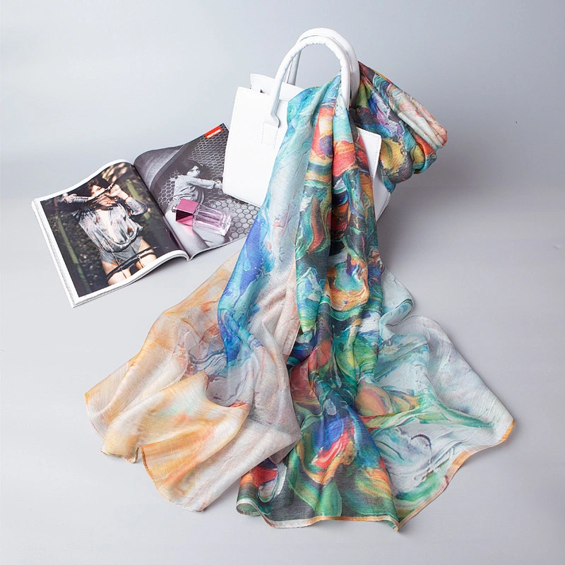 Spring and summer new female simulation silk oil painting printed elegant silk scarf beach towel shawl