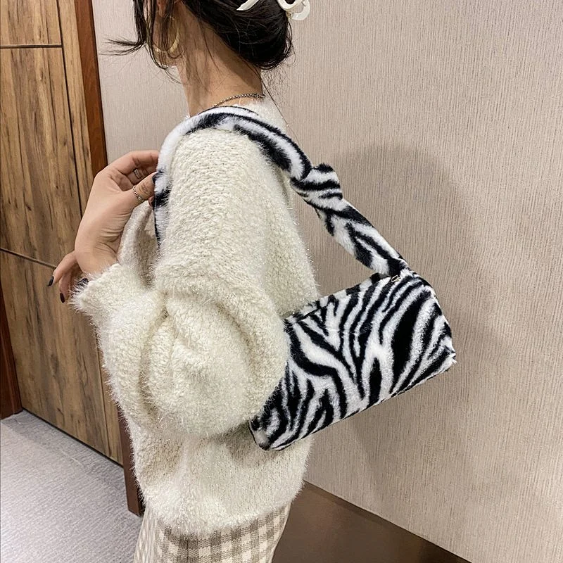 Retro Leopard Pattern Print Warm Fur Female Plush Crossbody Bag For Women Winter Shoulder Bags Handbag