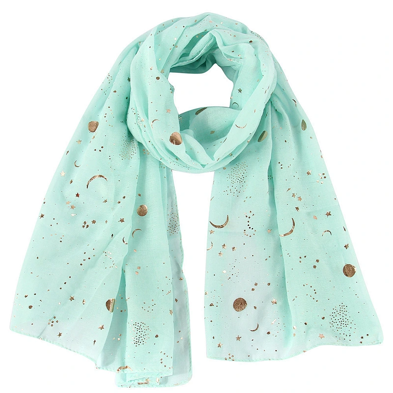 Cheap wholesale breathable Gold stamping star moon custom polyester voile scarf