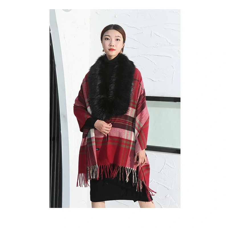 2020 Fur Collar Shawl Female Winter Cloak-Style Jacket British Scarf Dual-Use Thick Tassel Plaid Winter Cloak