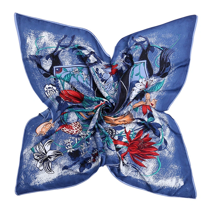 Manufacturers selling Floral printed color contrast silk scarves large square scarf 90 * 90cm ladies shawl scarf