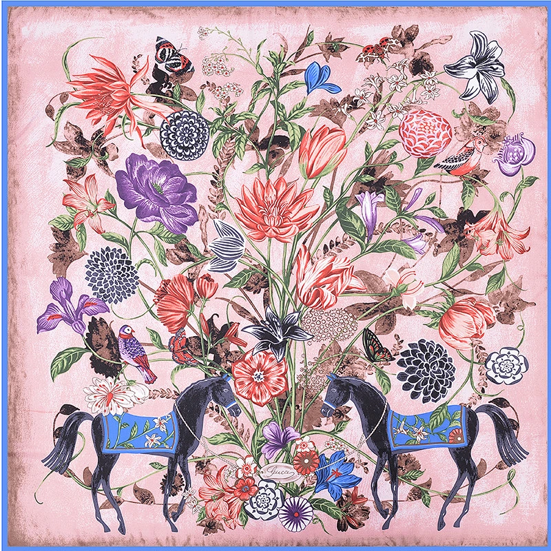 Manufacturers selling Floral printed color contrast silk scarves large square scarf 90 * 90cm ladies shawl scarf
