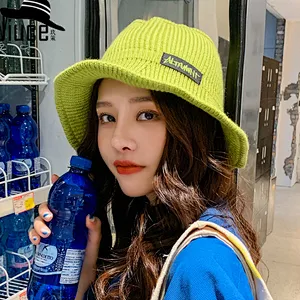 Lady Winter Plain Wide Brim Fashion Warm Terry Labeled Knitted Wool Bucket Hat