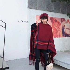 Ethnic Style Tassel Poncho Shawl Female Cloak Thickened Warm Travel Scarf With Hood