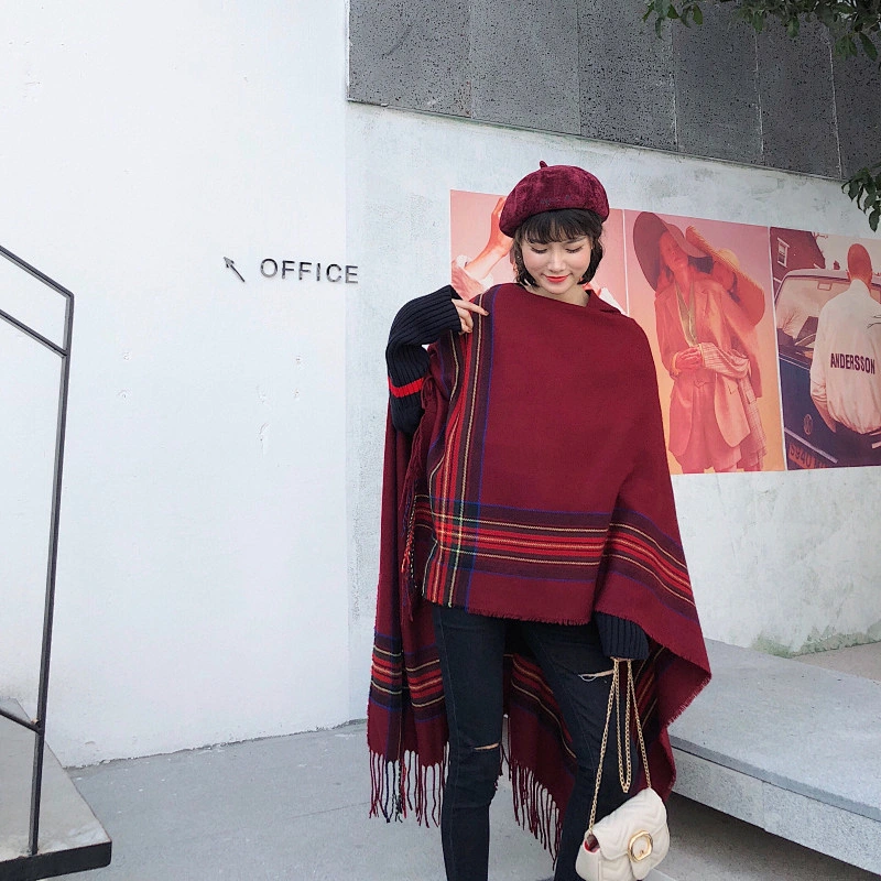 Ethnic Style Tassel Poncho Shawl Female Cloak Thickened Warm Travel Scarf With Hood