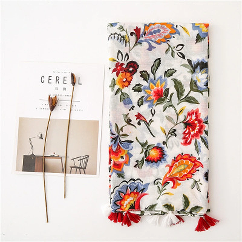 Summer travel sunscreen shawl temperament wild color flowers printed polyester scarf female