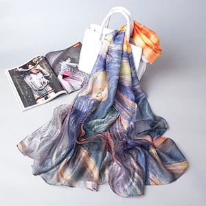 Spring and summer new female simulation silk oil painting printed elegant silk scarf beach towel shawl