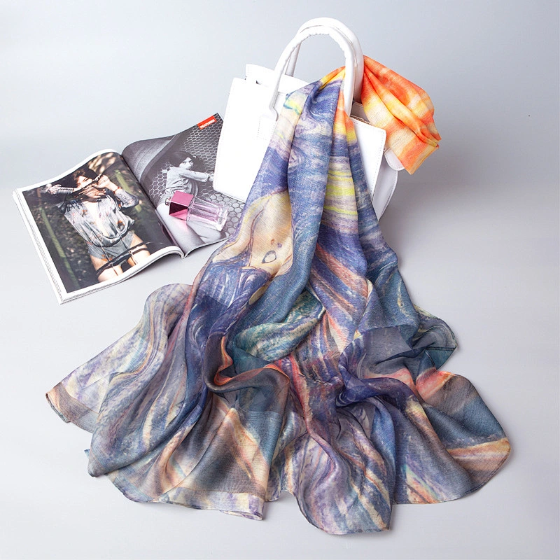 Spring and summer new female simulation silk oil painting printed elegant silk scarf beach towel shawl
