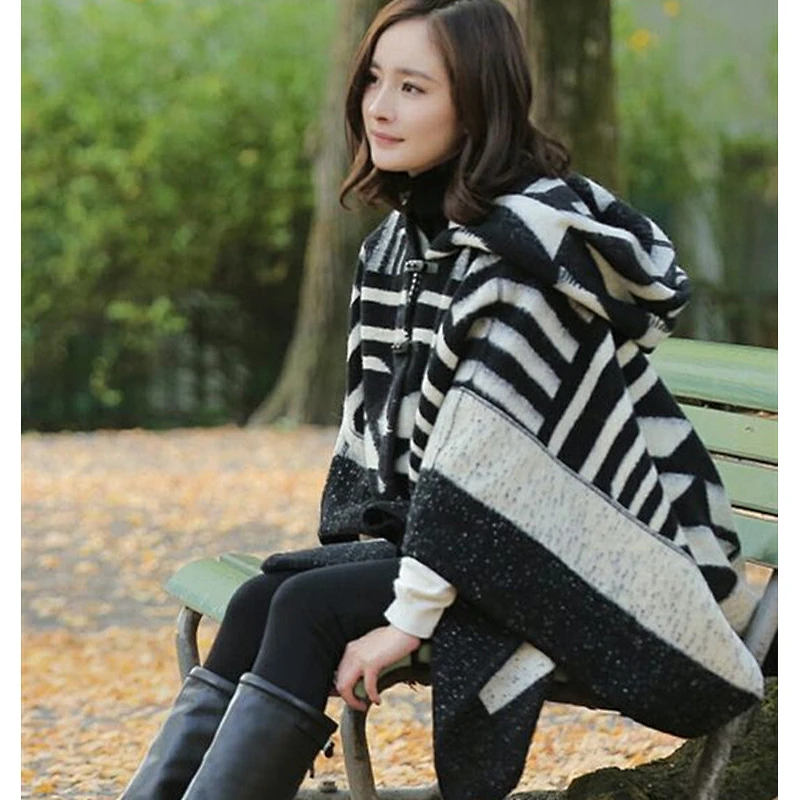 Woven Mohair Female Autumn Winter Thick Geometric Black White Hooded Cloak Shawl