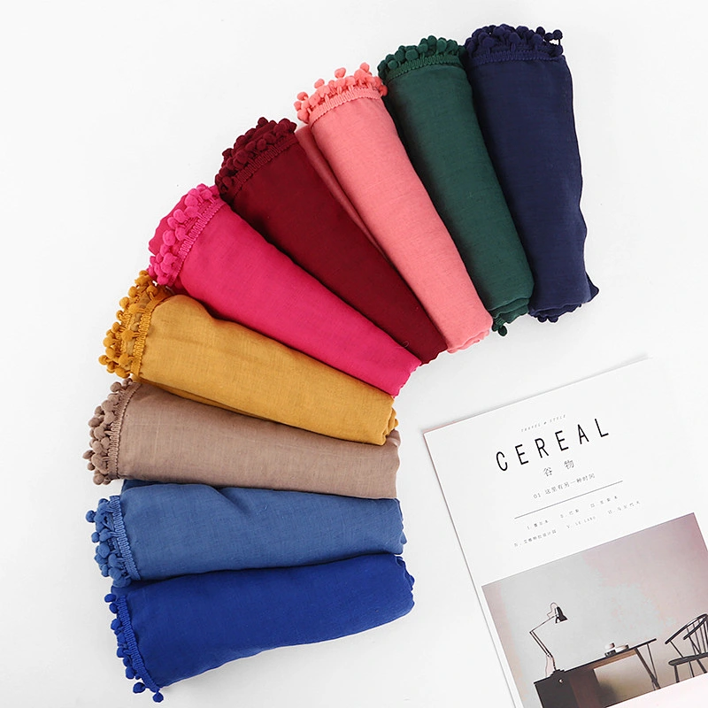 Factory direct tie-dye cotton and linen fight monochrome hair ball muslims cotton shawls hijab scarf