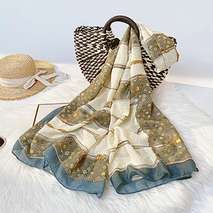 Factory direct check printed silk scarf female mid-long square scarf outdoor beach towel shawl scarf
