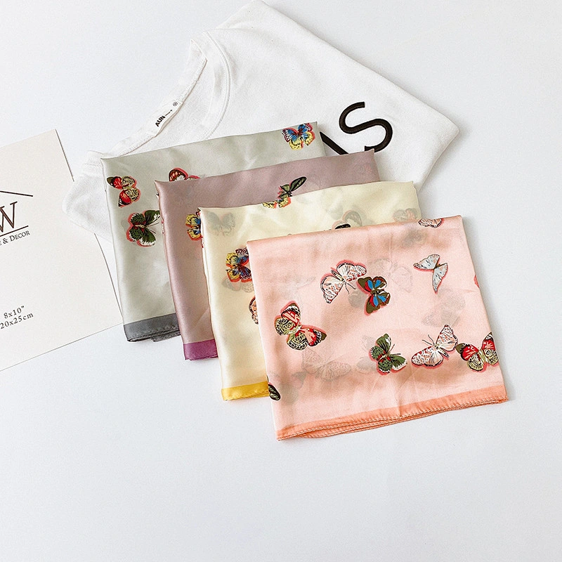 2020 summer new small butterfly printed silk scarf female simulation silk scarf curled small square scarves