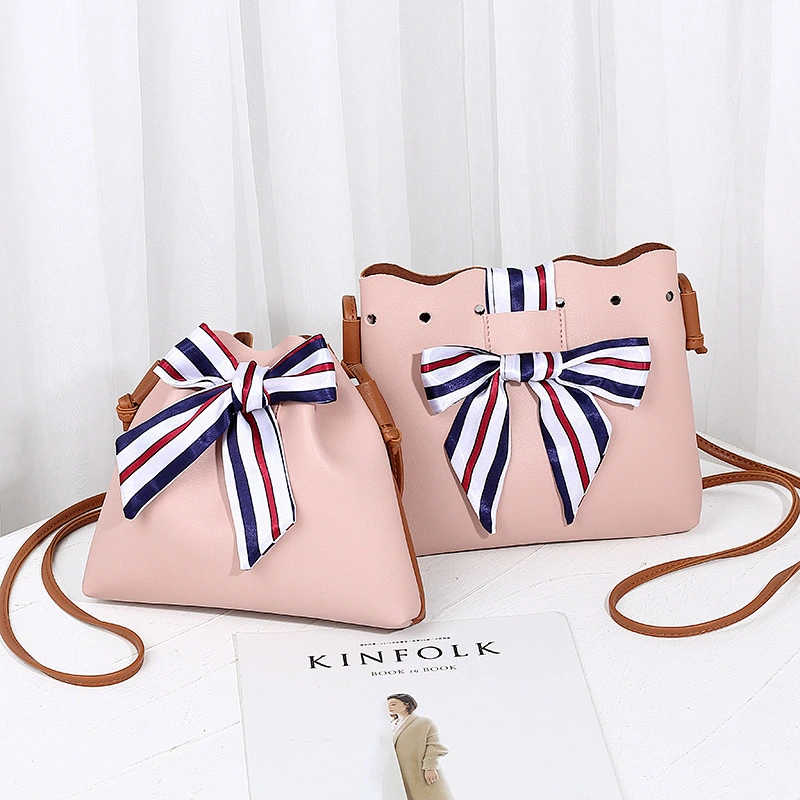 College Style Female Small Bucket Type Single Shoulder Women Cell Phone Bag Crossbody Bag With Silk Scarf Bow-Knot