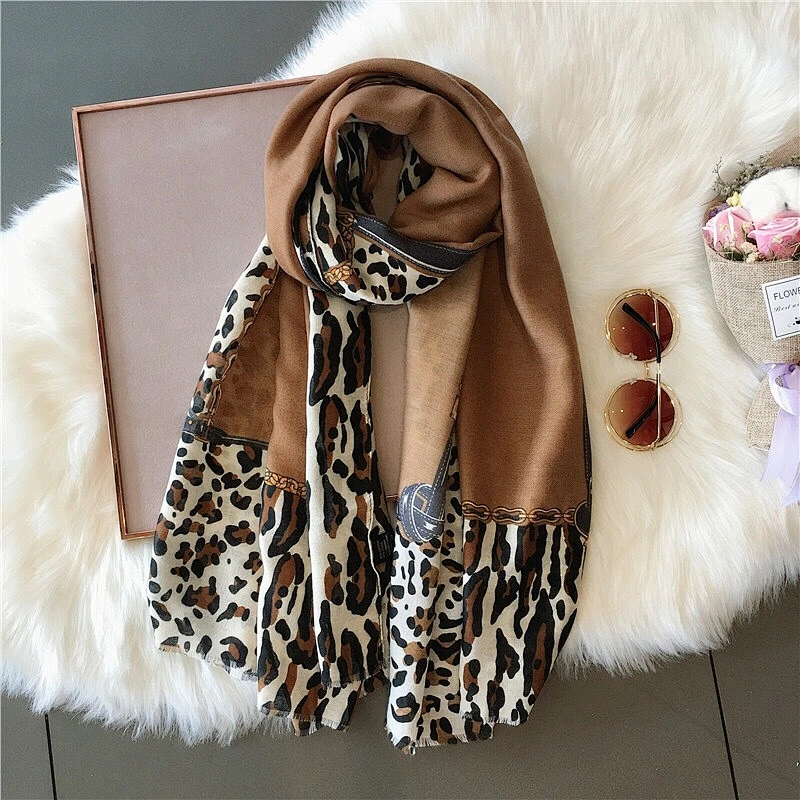 2020 Autumn Winter Thin Female Leopard Stitching Fashion Cotton Hemp Leopard Print Scarf Shawl