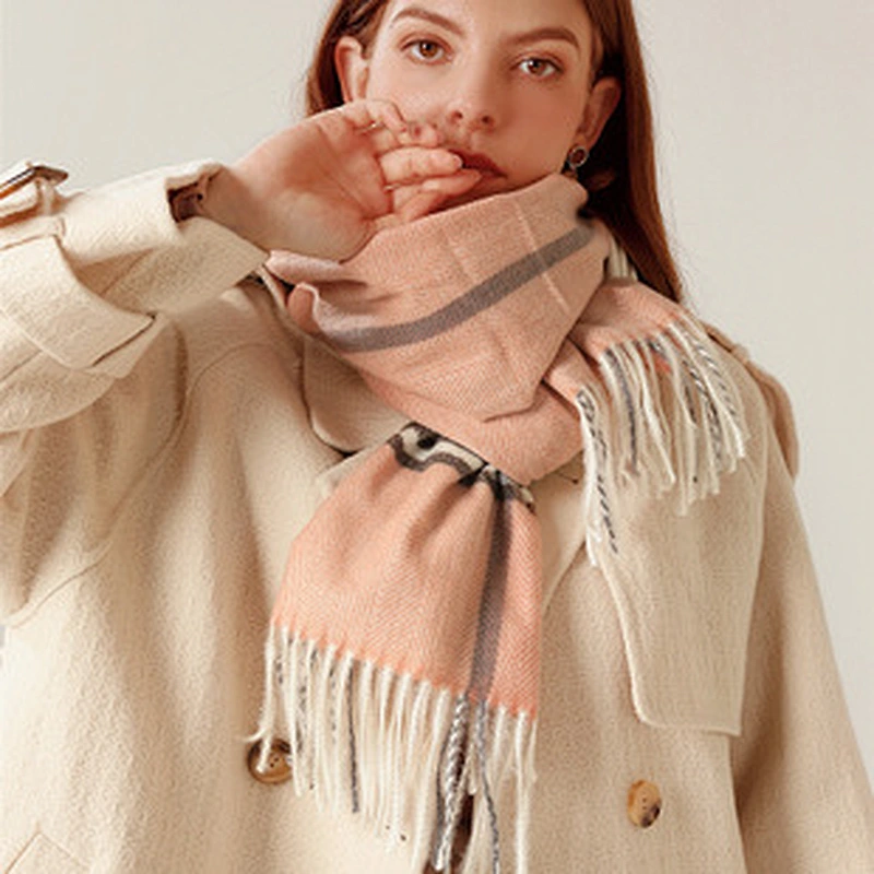 Factory Direct Scarf Female Warmth Cashmere British College Style Woven Tassels Mid-Length Women'S Shawl