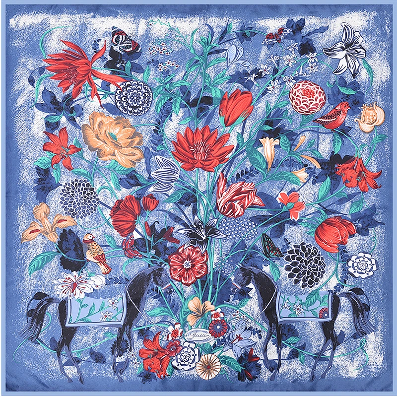Manufacturers selling Floral printed color contrast silk scarves large square scarf 90 * 90cm ladies shawl scarf