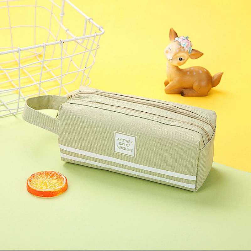Creative Striped Double Canvas Pencil Case Student Multi-Function Solid Color Storage Stationery Box