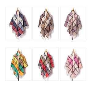 Fringed Scarf European American New Style 100% Polyester Coarse Bristles Plaid Square Scarf Thickening Ladies Shawl
