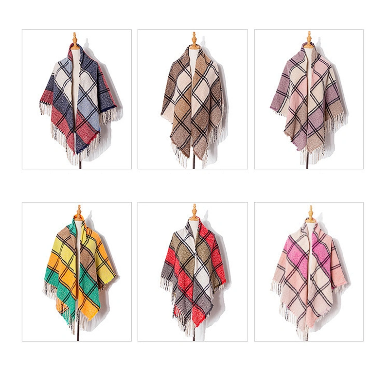 Fringed Scarf European American New Style 100% Polyester Coarse Bristles Plaid Square Scarf Thickening Ladies Shawl