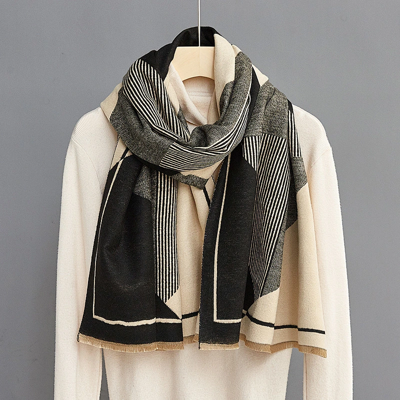American New Geometric Blue Beige Cashmere Scarf Women'S Warmth Thick Jacquard Double-Sided Shawl