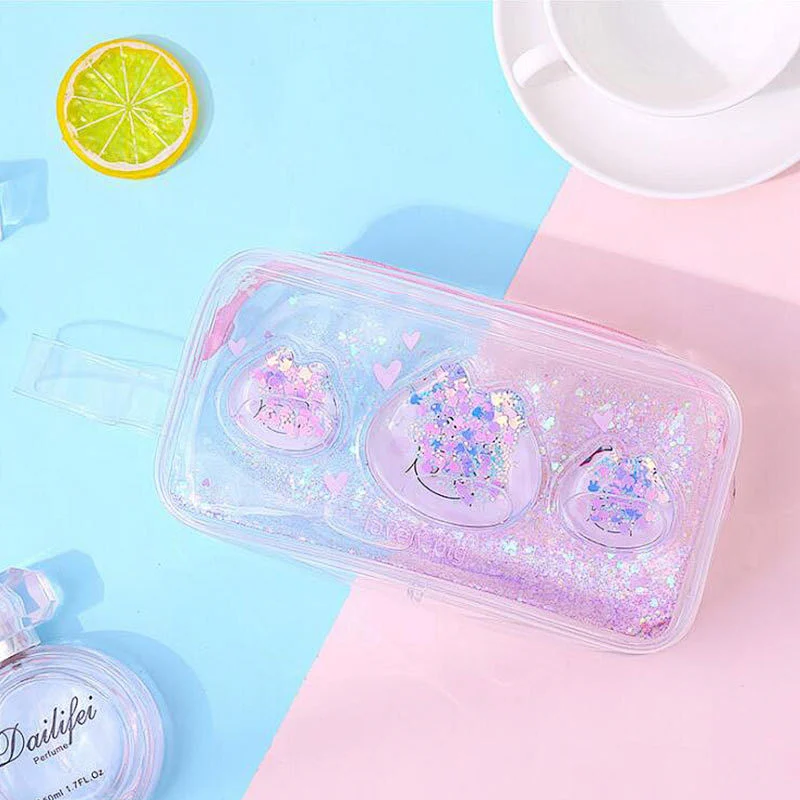 Fashion Floating Shiny Holographic Liquid Quicksand Glitter Makeup Cosmetic Bag Crystal Pencil Case