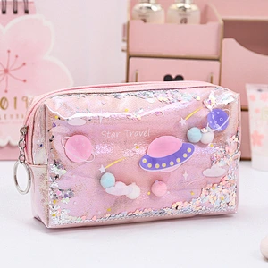 Cute Large Capacity Planet Quicksand Cosmetic Bag Girl Women Portable Small Travel Bag