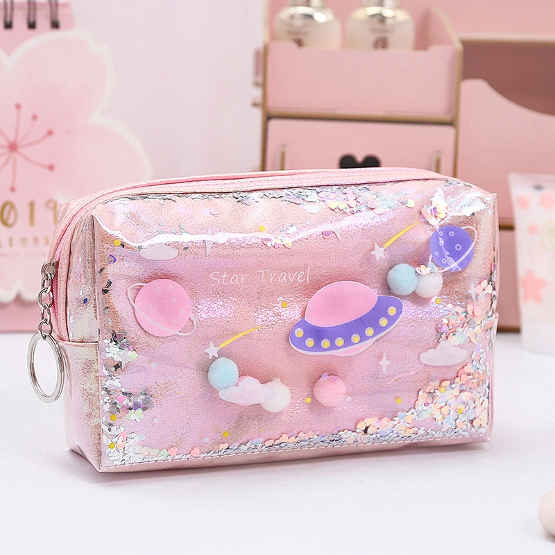 Cute Large Capacity Planet Quicksand Cosmetic Bag Girl Women Portable Small Travel Bag